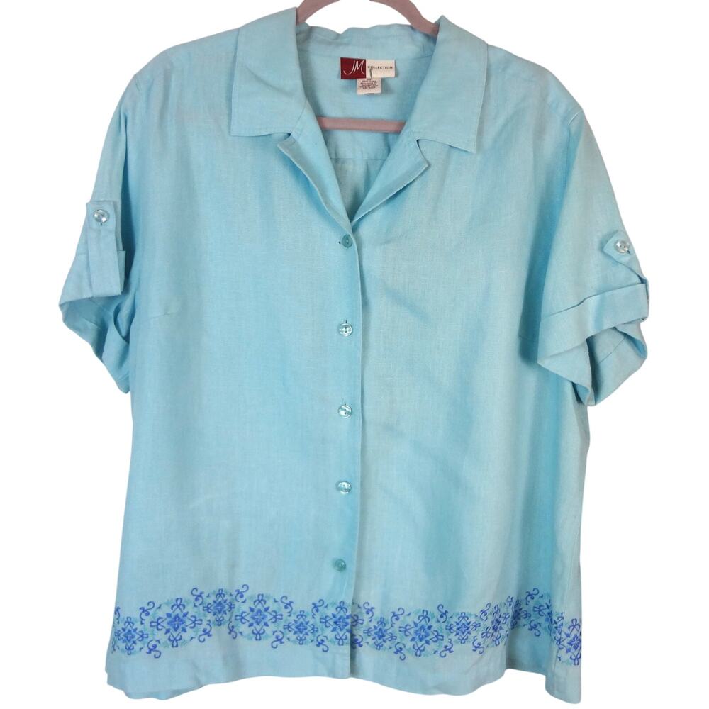 JM Collection Turquoise Blue LINEN Button Down Shirt Women Plus 18 Embroidered